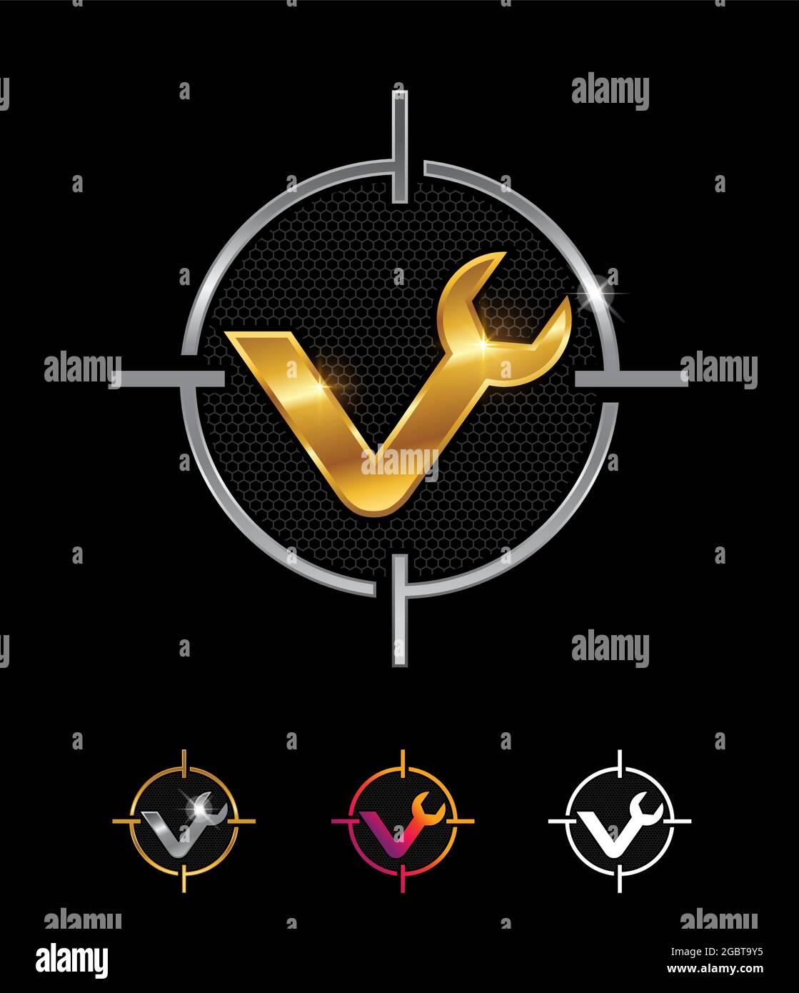 Ein Vektor-Illustrationssatz des goldenen mechanischen Monogramms Logo mit dem Buchstaben V Stock Vektor