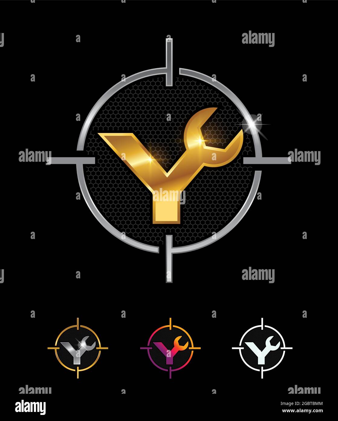Ein Vektor-Illustrationsset aus goldenem mechanischem Monogramm Logo mit Y-Schriftzug und goldenem Glanz auf schwarzem Hintergrund Stock Vektor