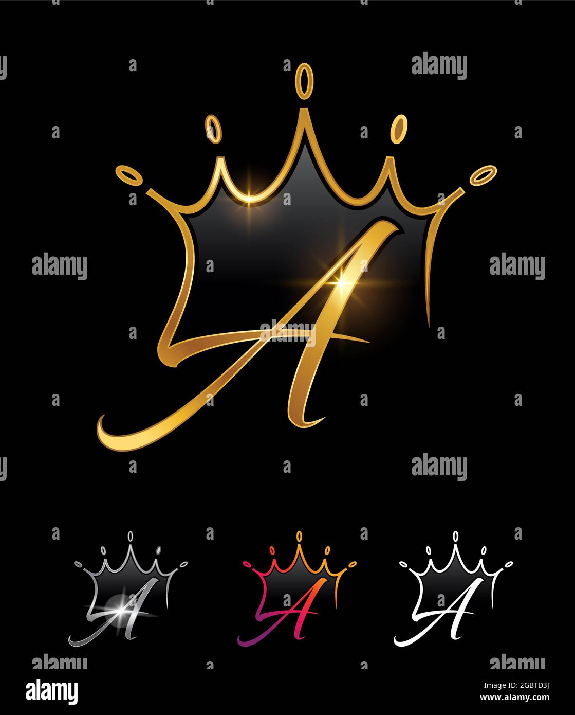 Ein Vecetor-Illustrationsset aus Golden Monogram Crown Initial Letter A auf schwarzem Hintergrund mit goldenem Glanz-Effekt für Luxuslogo und -Zeichen Stock Vektor
