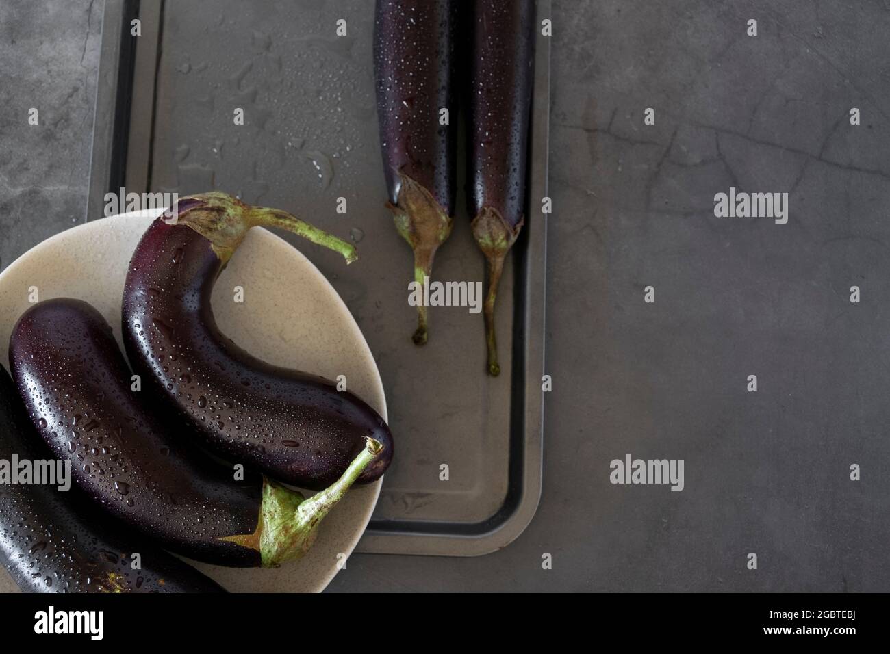 Rohe violette Aubergine auf dunklem Hintergrund Stockfoto