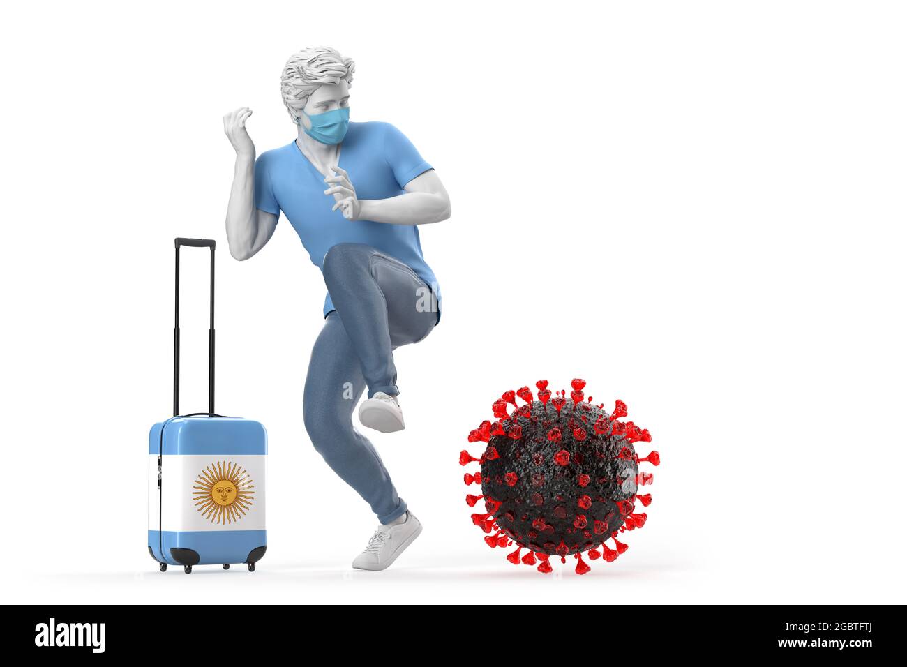 Touristen, die nach Argentinien reisen, haben Angst vor dem Virus-Molekül. Pandemiekonzept. 3D-Illustration Stockfoto