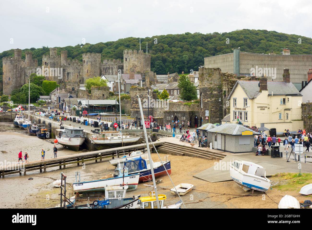 Conwy Hafen in Nordwales voller Touristen mit dem Schloss im Hintergrund Stockfoto