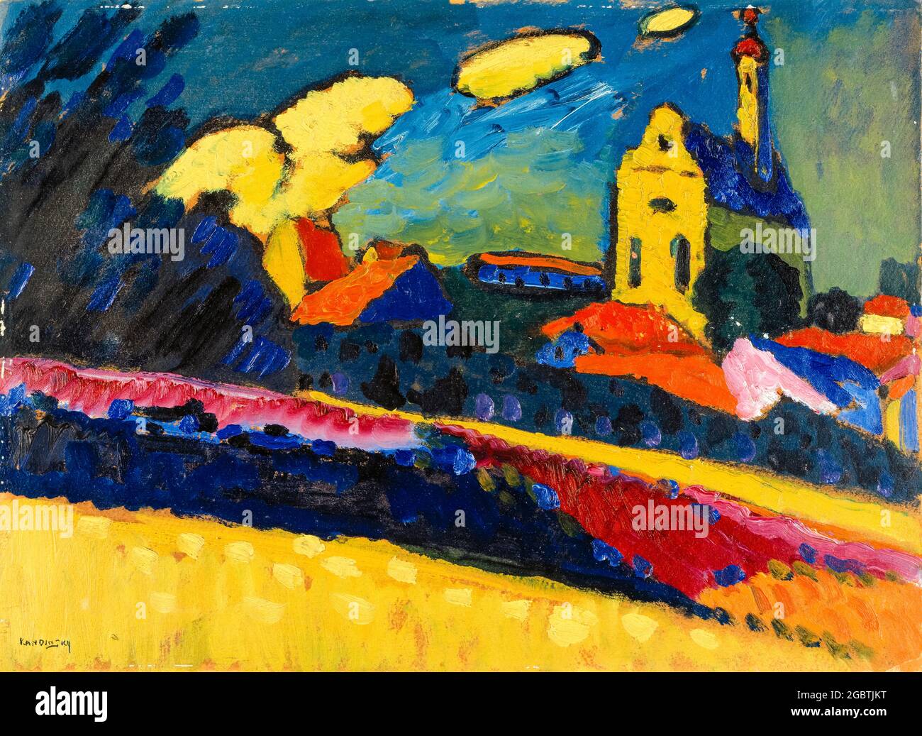 Wassily Kandinsky, Arbeitszimmer Murnaus, Landschaft mit Kirche, Malerei, 1909 Stockfoto