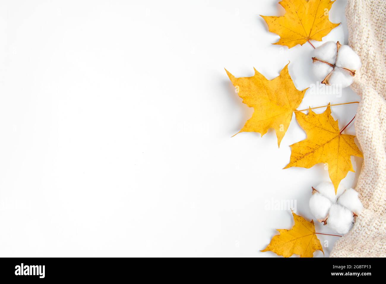 Hallo Herbst. Beginn der Herbstsaison. Strickpullover, gelb gefallene Blätter und Baumwollblumen auf weißem Hintergrund. Speicherplatz kopieren. Stockfoto