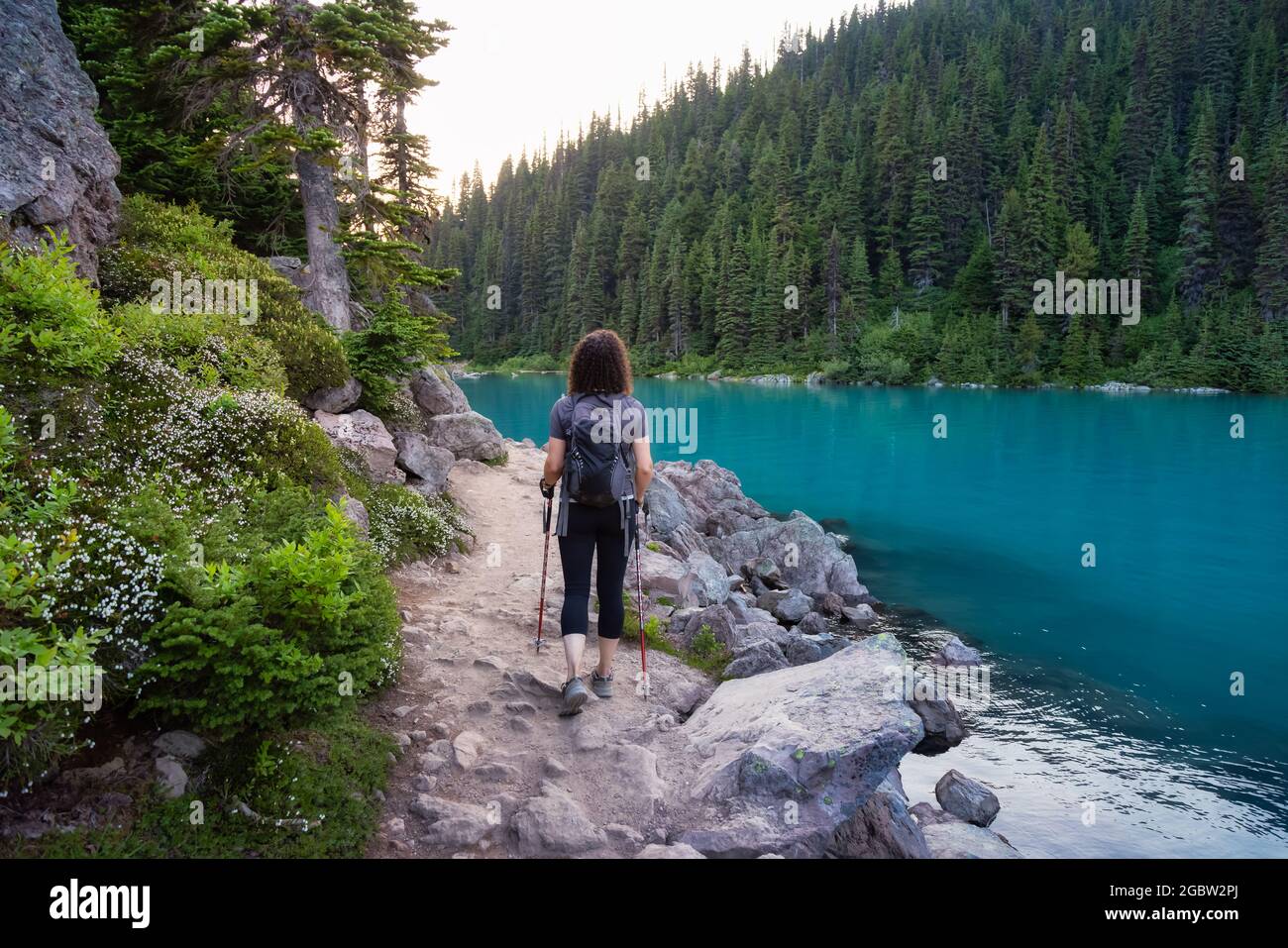 Abenteuerliche Weiße Kaukasin Erwachsene Frau Wandern auf einem Trail in der kanadischen Natur Stockfoto