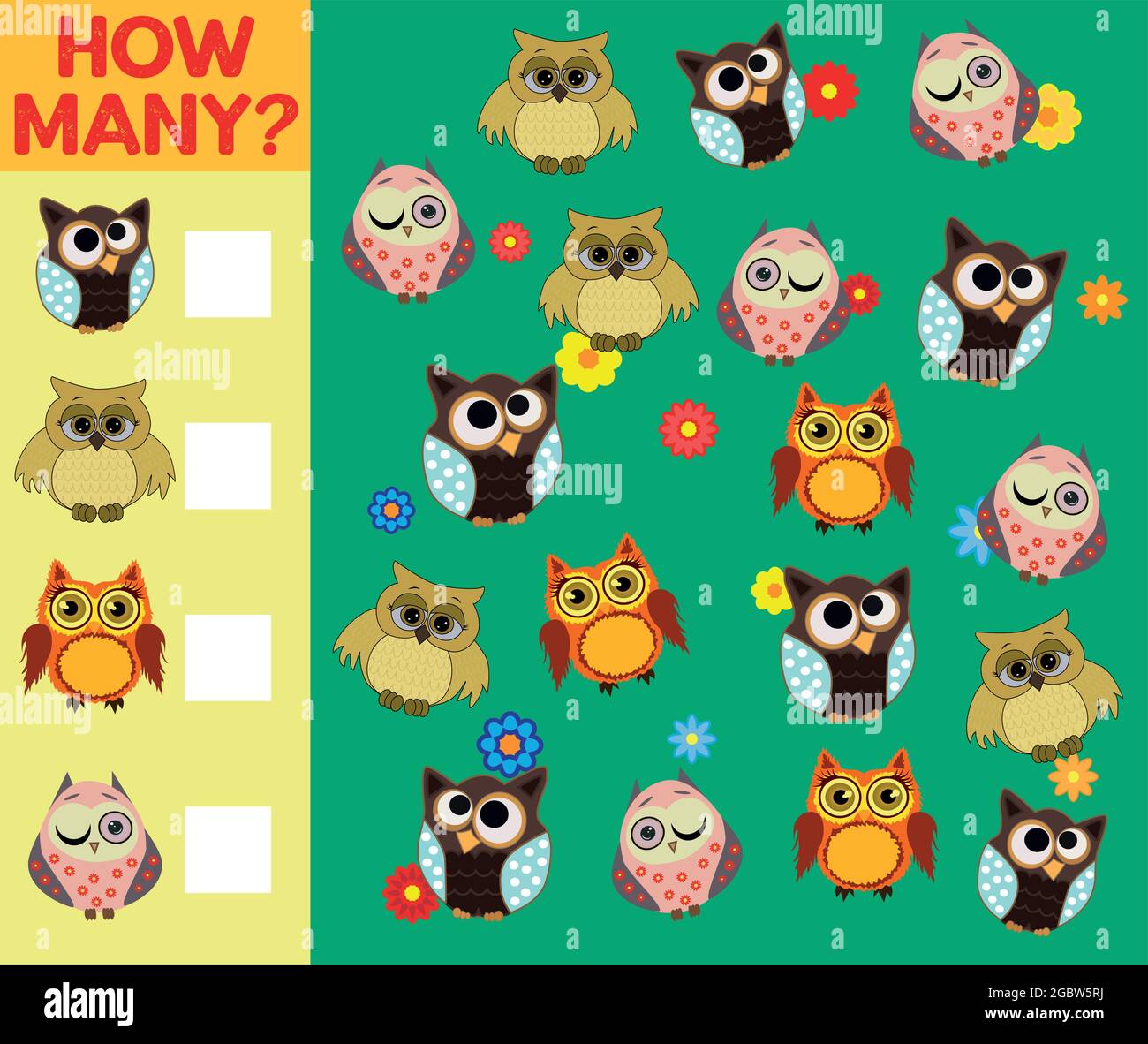 Cartoon Illustration von Educational Counting Activity Game für Kinder mit Vogel-Figuren. Stock Vektor