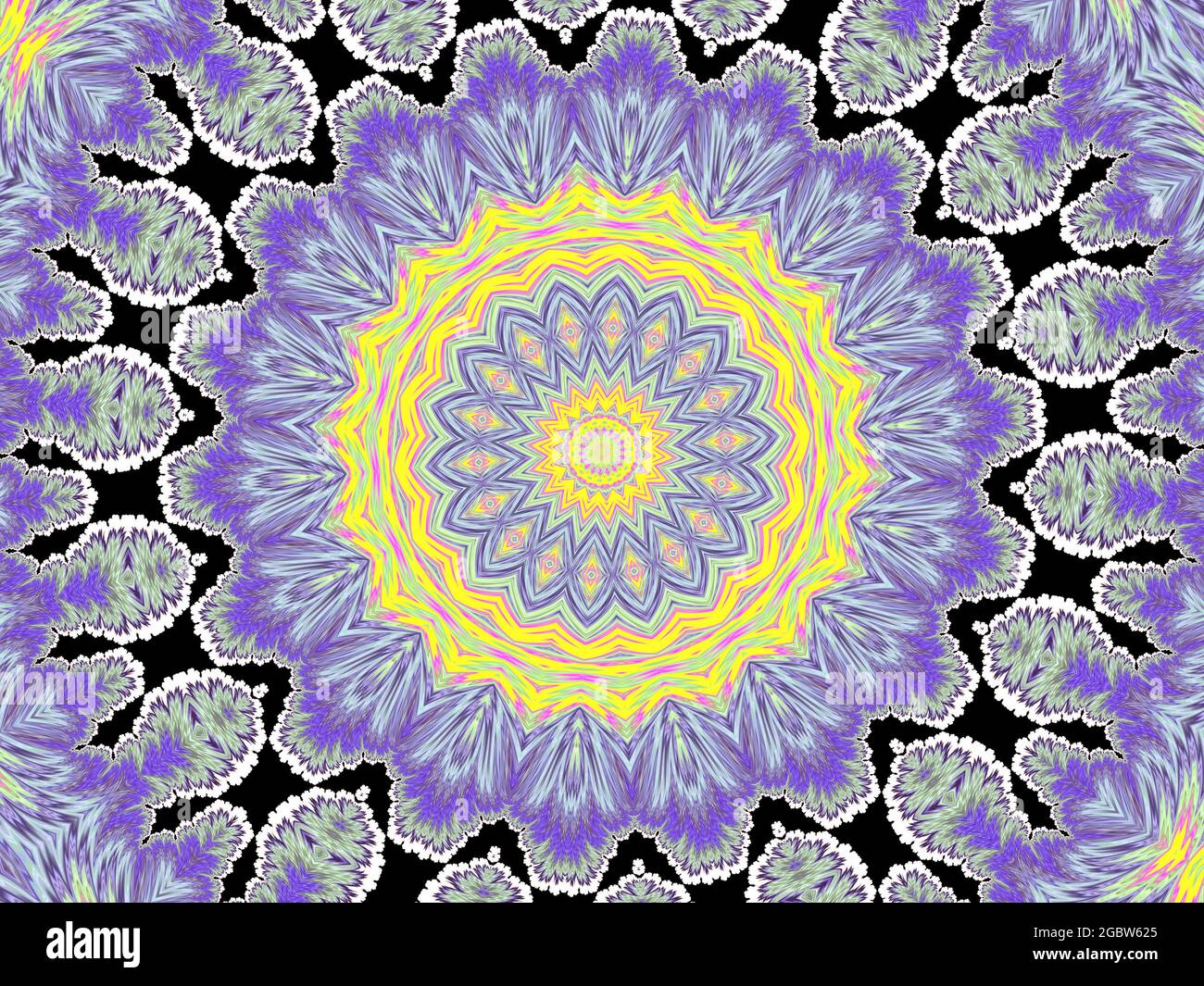 Kompliziertes Kaleidoskop-Hintergrundmuster in Lila, Blau und Gelb Stockfoto