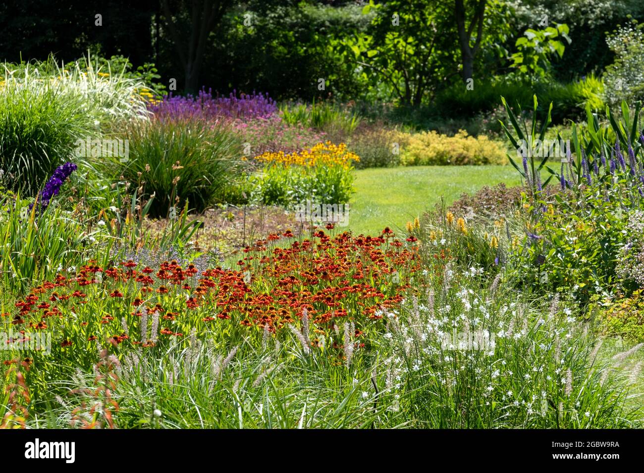 Bressignham Garden, Norfolk beeinflusst von der Philosophie des naturalistischen Pflanzens, mit Schwerpunkt auf Schichtbildung, Struktur, Form und breiter Farbpalette. Stockfoto