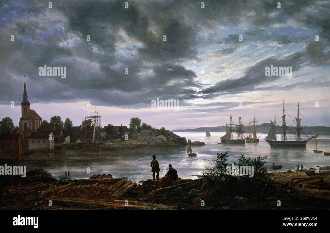Larvik von Moonlight von J C Dahl (Johan Christian Dahl: 1788-1857), Öl auf Leinwand, 1839 Stockfoto