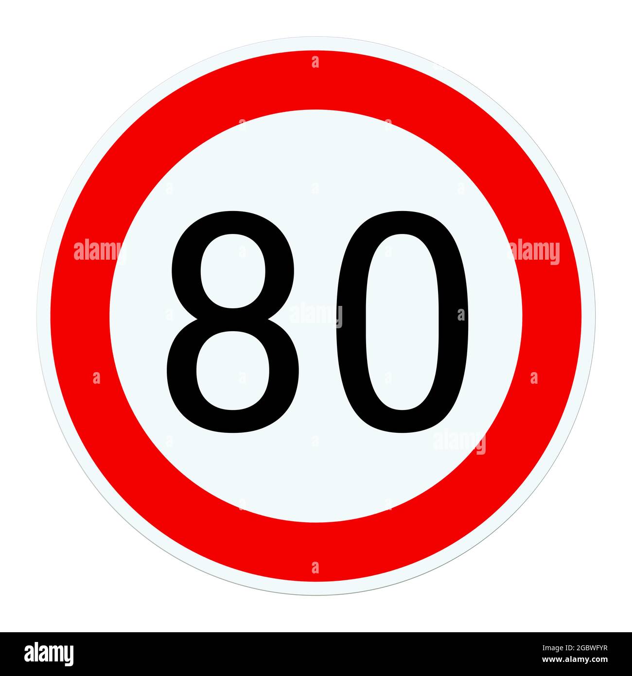 Straßenschild Tempo 80, Abbildung auf weißem Hintergrund Stockfoto