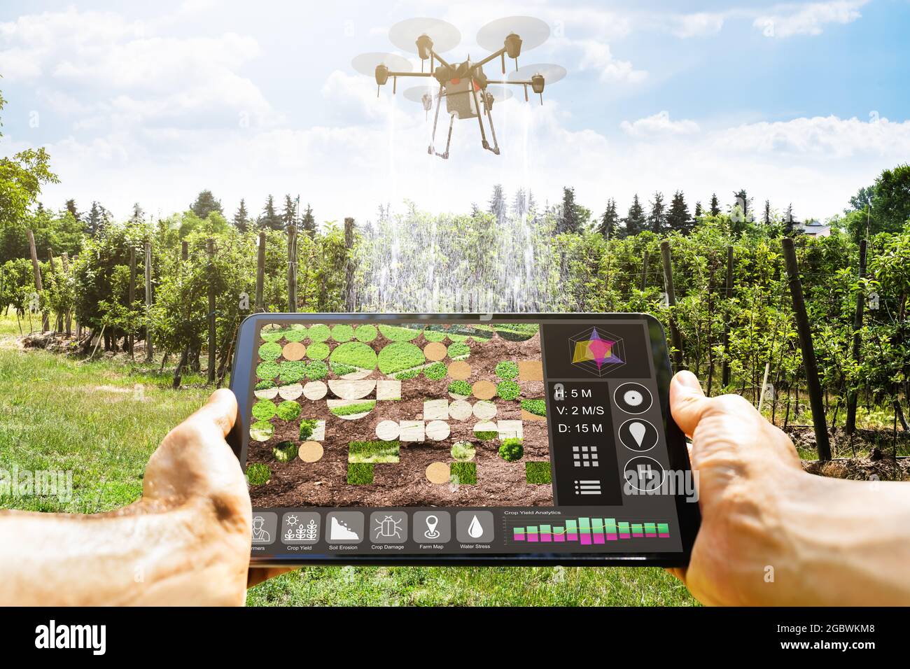 Copter Field Spray Technology. Landwirtschaft Farm Drohne Stockfoto