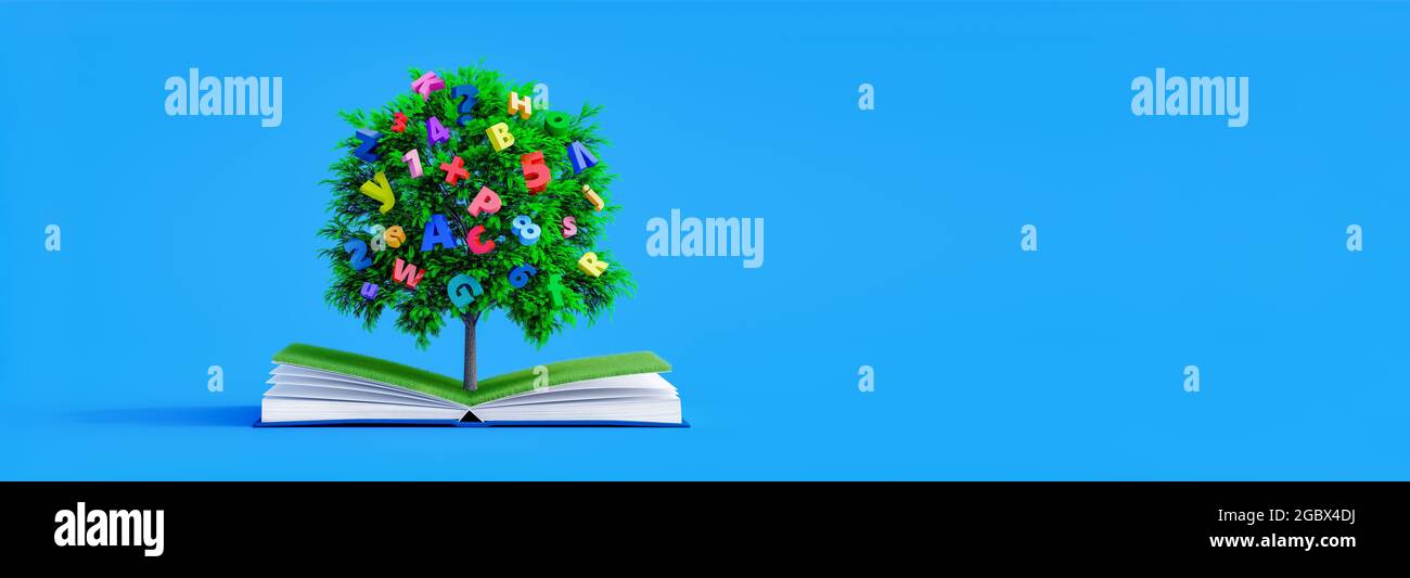 Der Baum mit Buchstaben und Zahlen wächst aus dem offenen Buch. Bildung und Wissen Konzept 3d Rendern 3d-Illustration Stockfoto