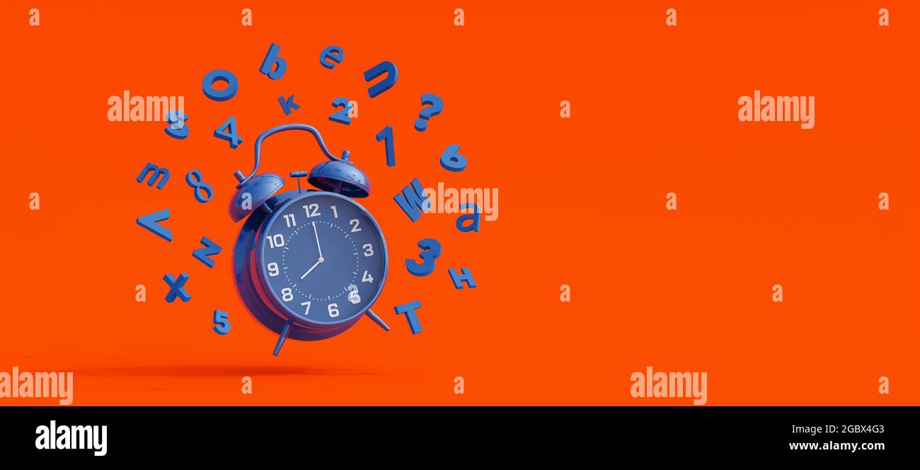 Back To School Konzept. Wecker mit fliegenden Zahlen und Buchstaben auf orangefarbenem Hintergrund. 3d-Rendering 3d-Illustration Stockfoto