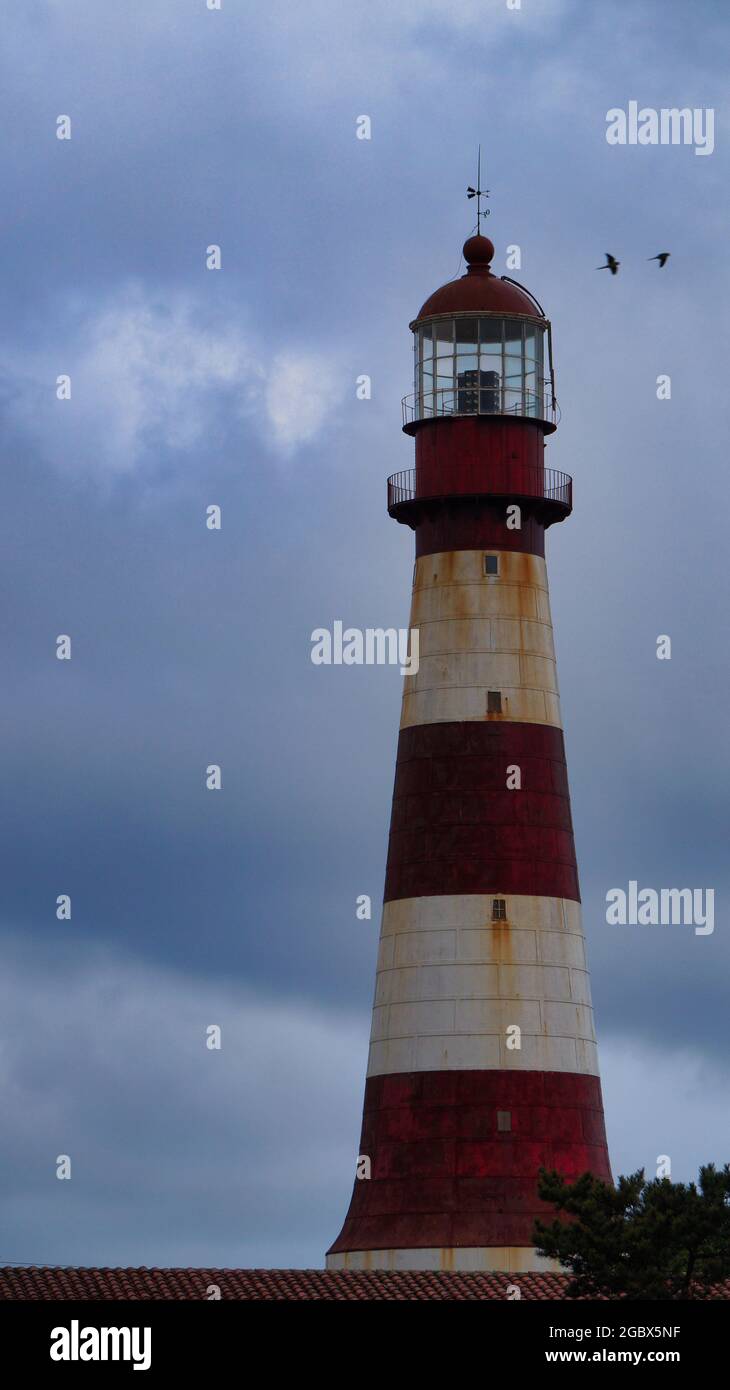 Alter rot-weißer Leuchtturm in Mar del Plata, Argentinien. Aufgenommen an einem Winternachmittag Stockfoto