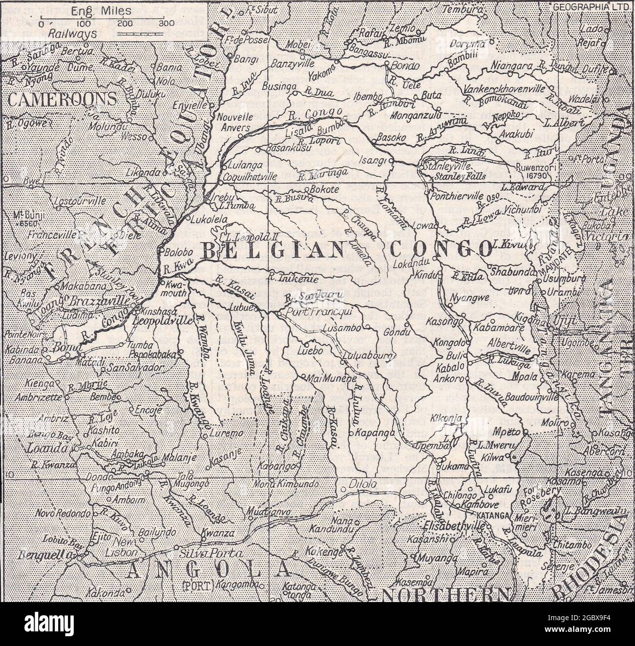 Vintage-Karte des Belgischen Kongo 1900er. Stockfoto
