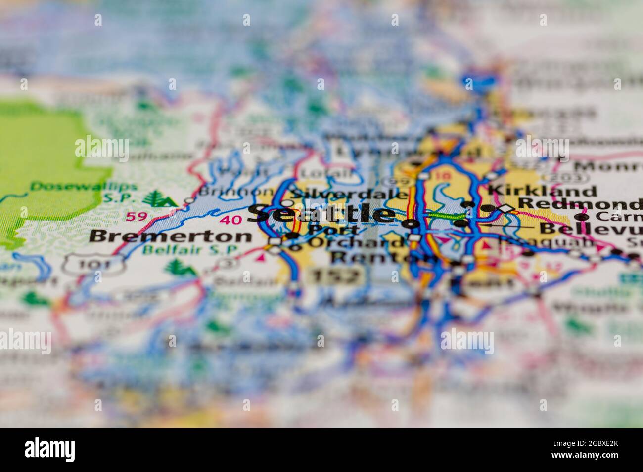Seattle Washington State USA auf einer Straßenkarte oder Geografie-Karte angezeigt Stockfoto