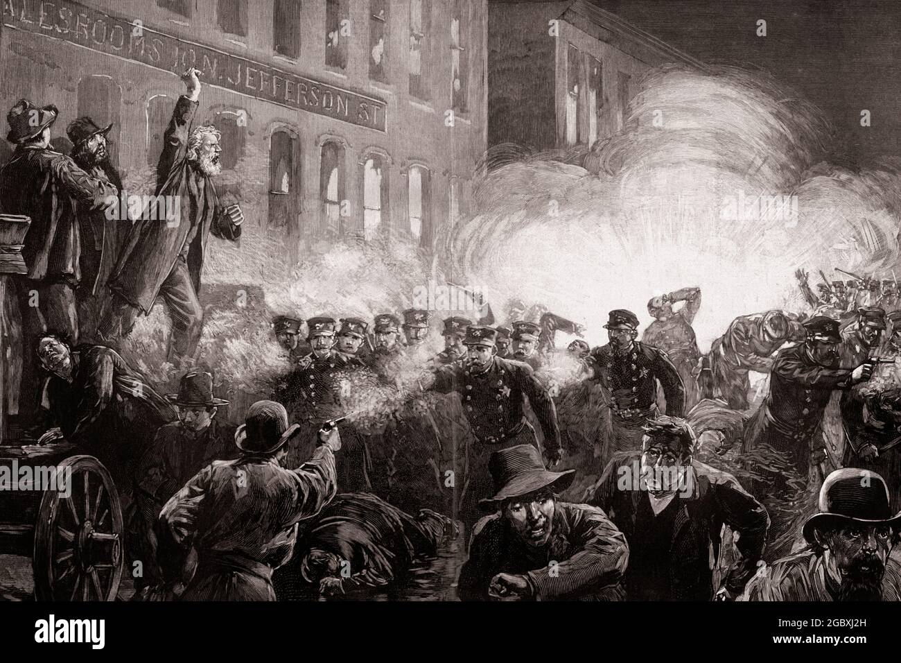 1880ER MAI 4, 1886 HAYMARKET RIOT METHODIST PASTOR SAMUEL FELDEN SPRICHT ÜBER DIE BOMBE EXPLODIERT UND AUFRUHR BEGINNT CHICAGO USA - KH13552 NAW001 HARS SAMUEL Stockfoto