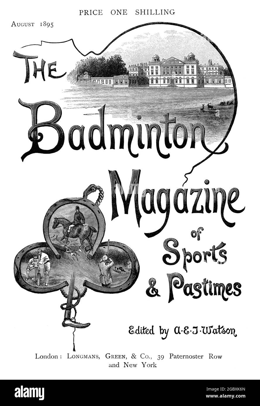 1895 Britische Werbung für das Badminton Magazine of Sports and Pastimes, herausgegeben von A.E.J. Watson. Stockfoto