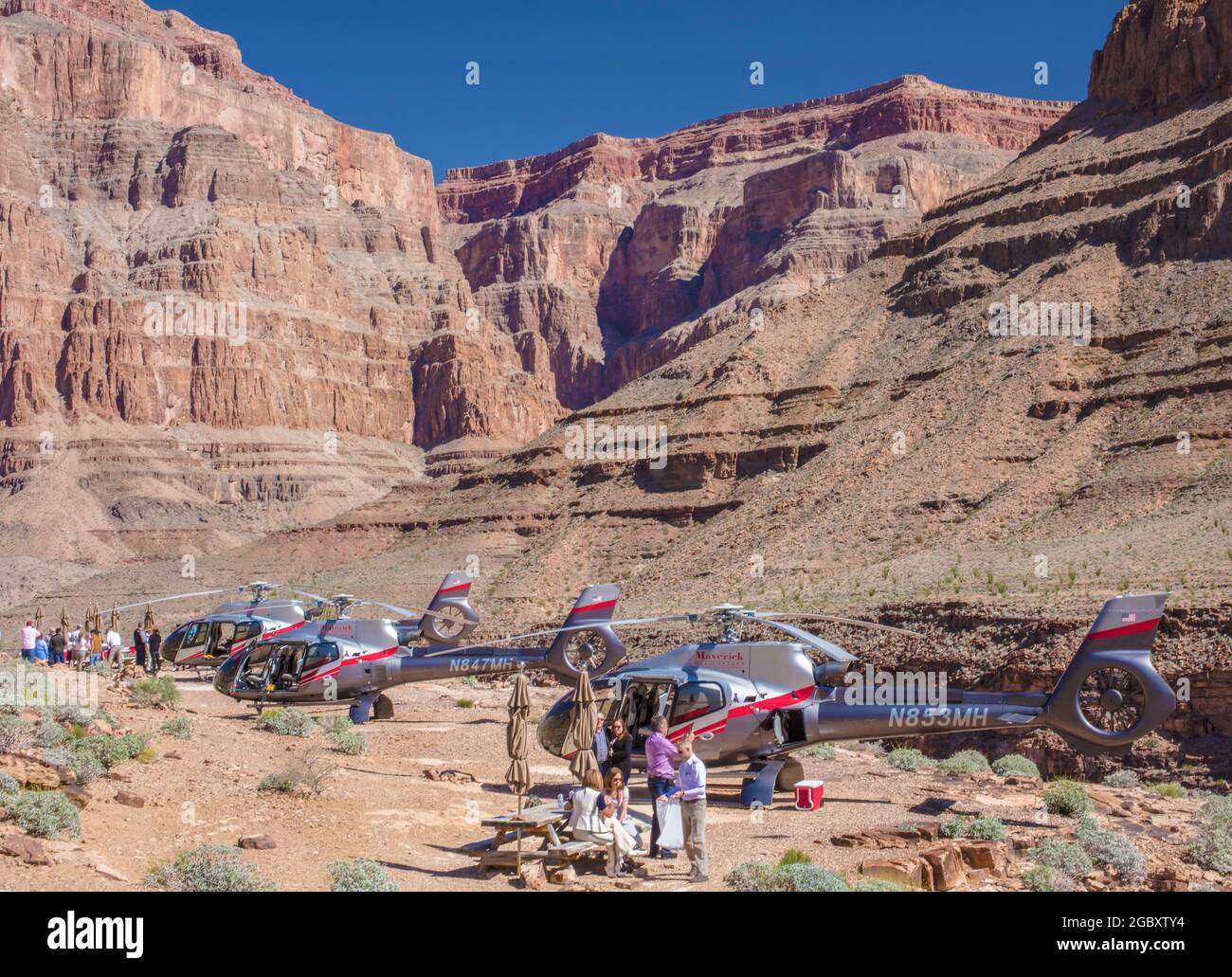 Hubschrauberrundflüge landen im Grand Canyon, Nevada, USA Stockfoto