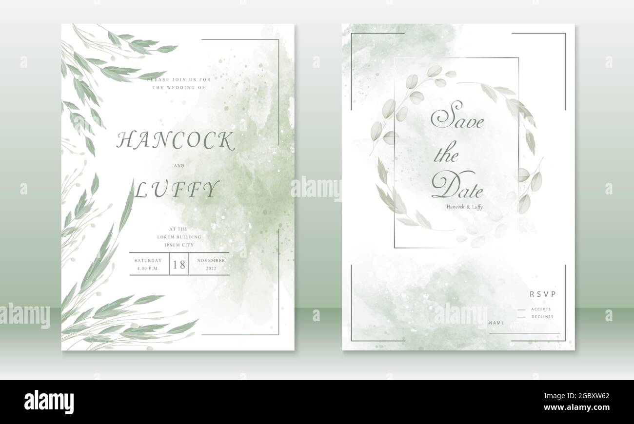Elegante Hochzeitseinladungskarte Vorlage. Schön mit Aquarell-Textur Hintergrund und grünen Blättern.Vektor-Illustration.EPS10 Stock Vektor