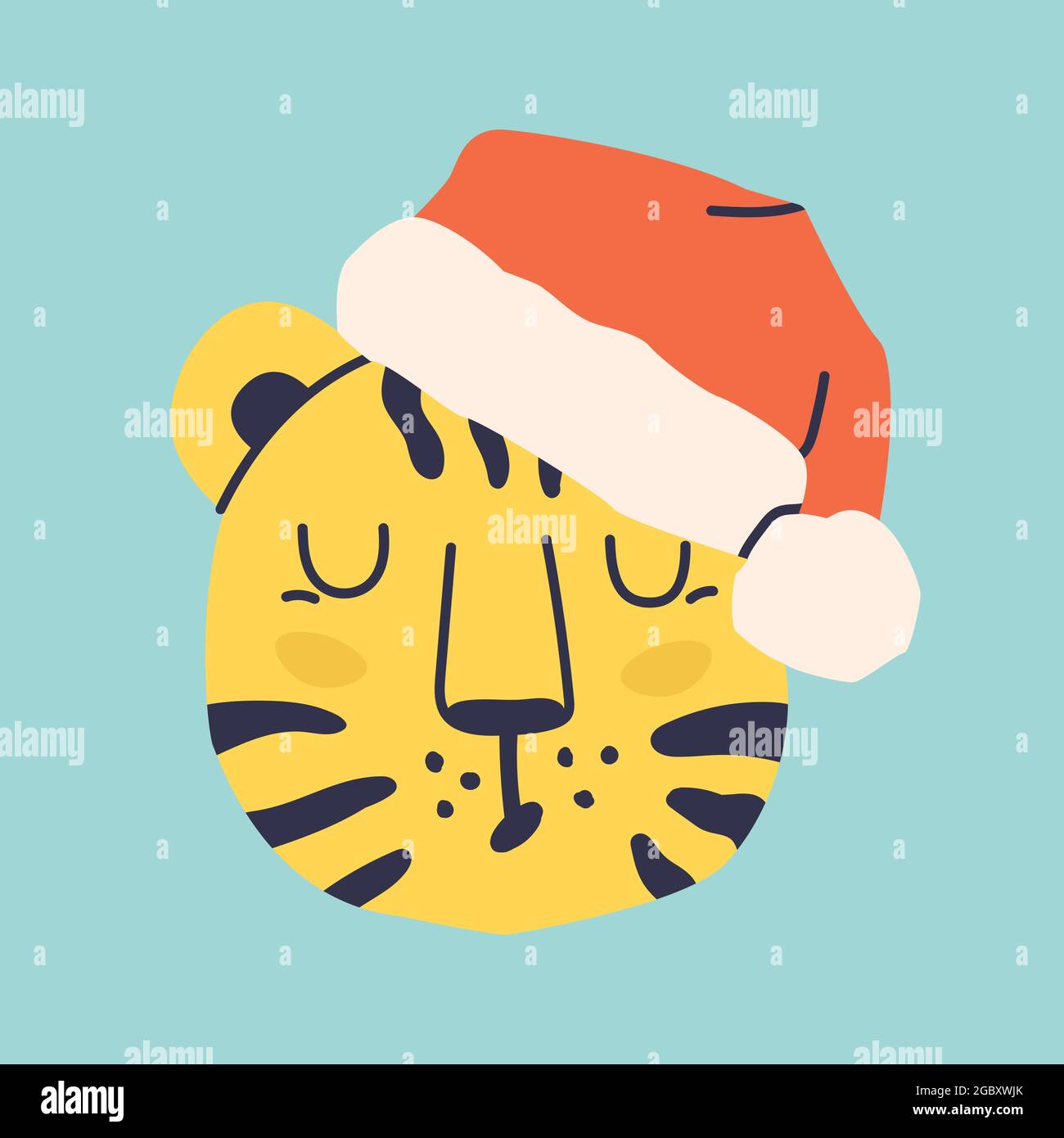Niedlicher Tiger-Kopf. Farbige Kritzeleien, gelber Tiger im Weihnachtsmannhut. Cartoon-Vektorgrafik. Symbol von 2022. Stock Vektor