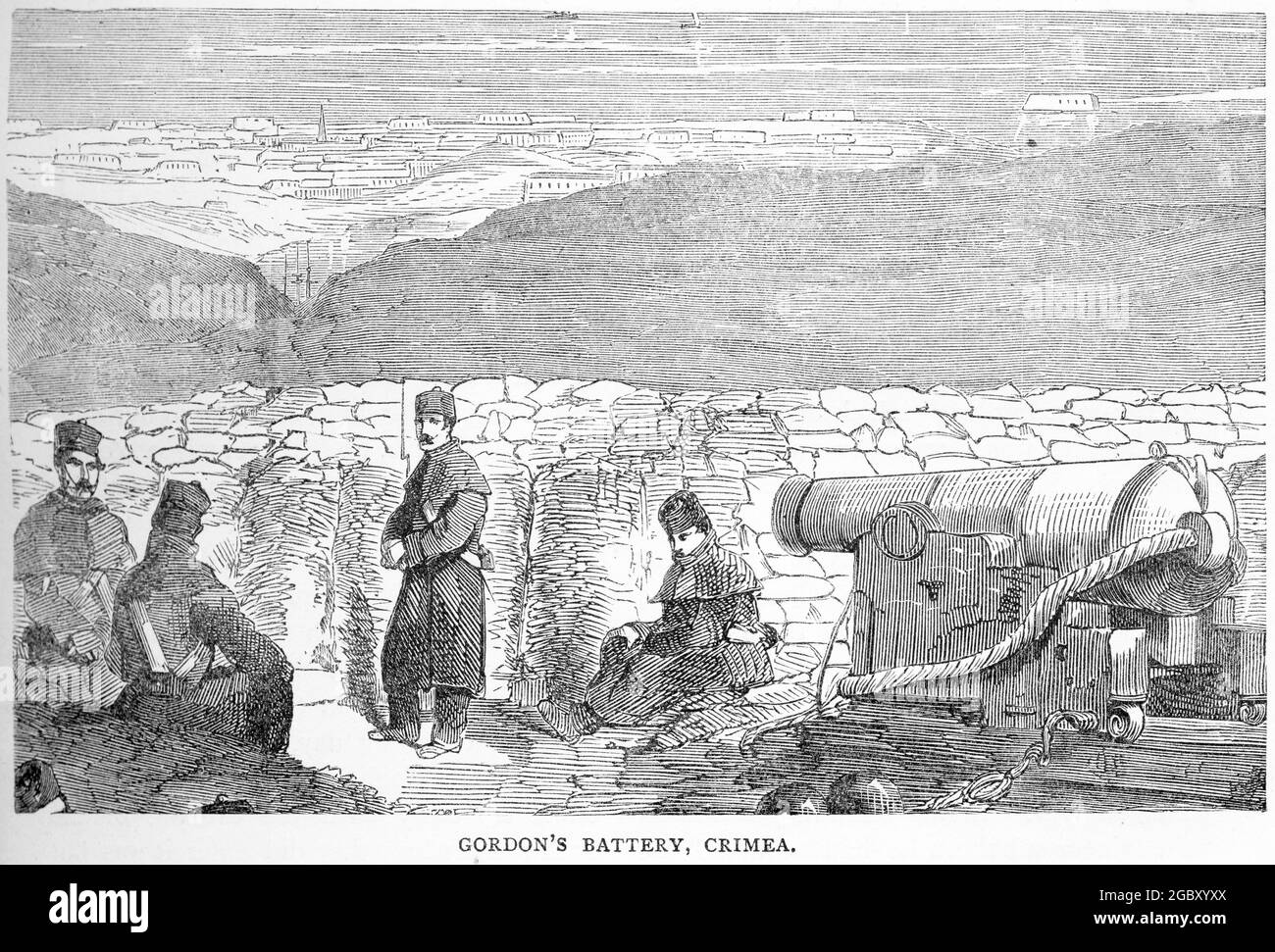 Gravur von Generalmajor Charles George Gordon (1833–1885) und seiner Artilleriebatterie auf der Krim Stockfoto