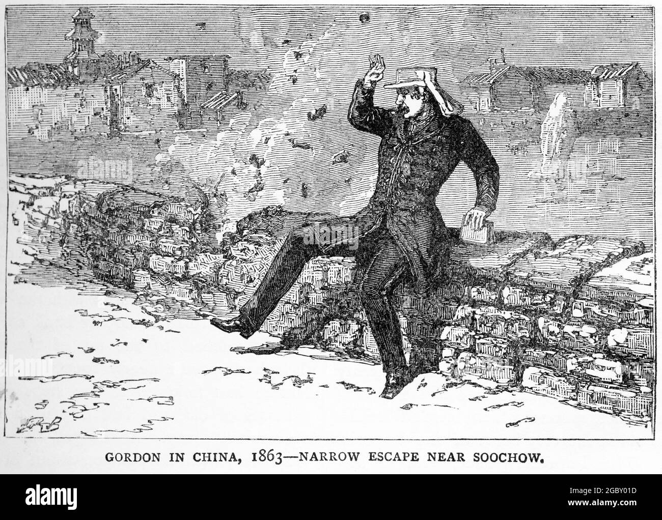 Gravur des Generalmajors Charles George Gordon (1833 –1885), der während einer Schlacht in der Nähe von Soochow (China) 1863 eine enge Flucht hatte Stockfoto