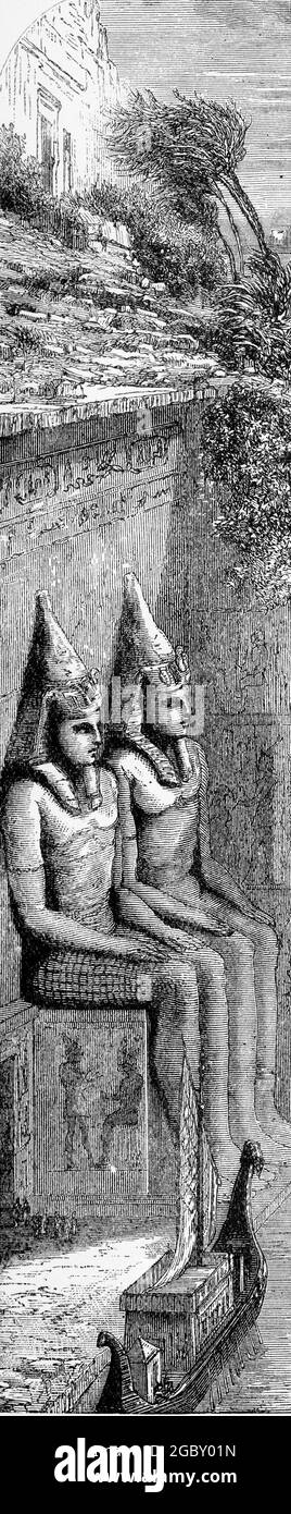 Gravur von Statuen ägyptischer Könige, aus einer Publikation um 1890 Stockfoto