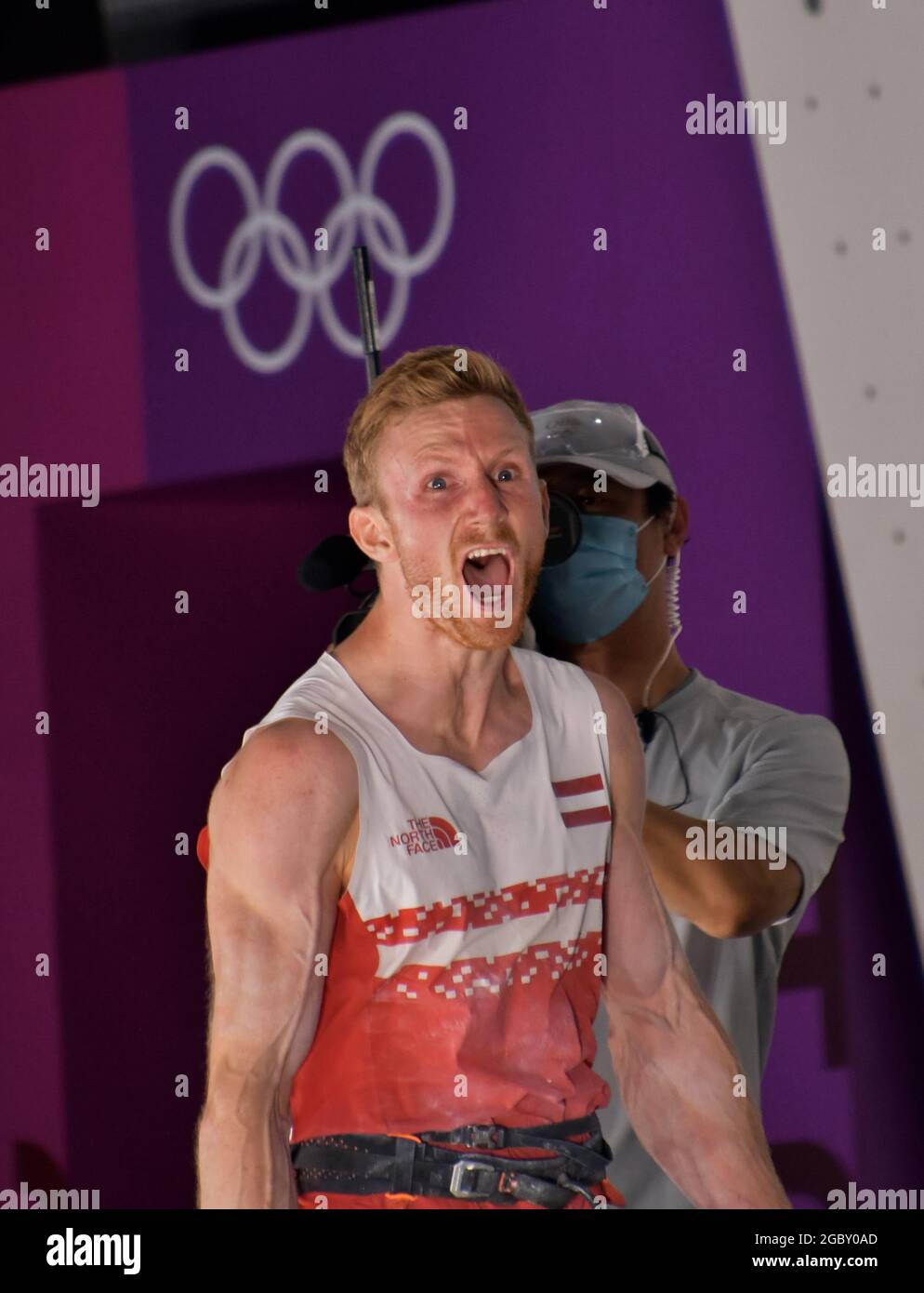 Tokio, Japan. August 2021. Der Österreicher Jakob Schubert schreit, nachdem er am Donnerstag, den 5. August 2021, im Lead Final während der Olympischen Spiele in Tokio im Aomi Urban Sports Park in Tokio, Japan, teilgenommen hat. Foto von Keizo Mori/UPI Credit: UPI/Alamy Live News Stockfoto
