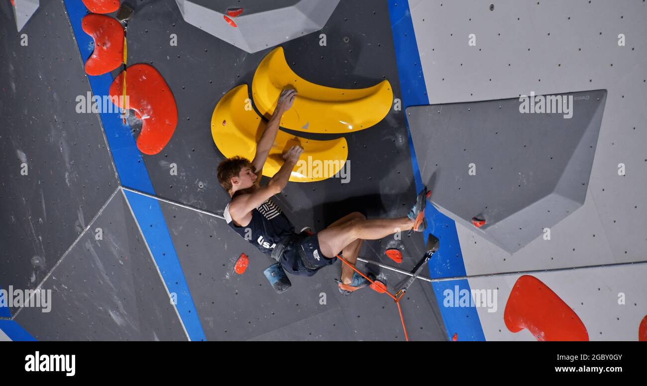 Tokio, Japan. August 2021. Colin Duffy, der US-Amerikaner, tritt am Donnerstag, den 5. August 2021, im Lead Final während der Olympischen Spiele in Tokio bei den Herren im Aomi Urban Sports Park in Tokio, Japan, an. Foto von Keizo Mori/UPI Credit: UPI/Alamy Live News Stockfoto