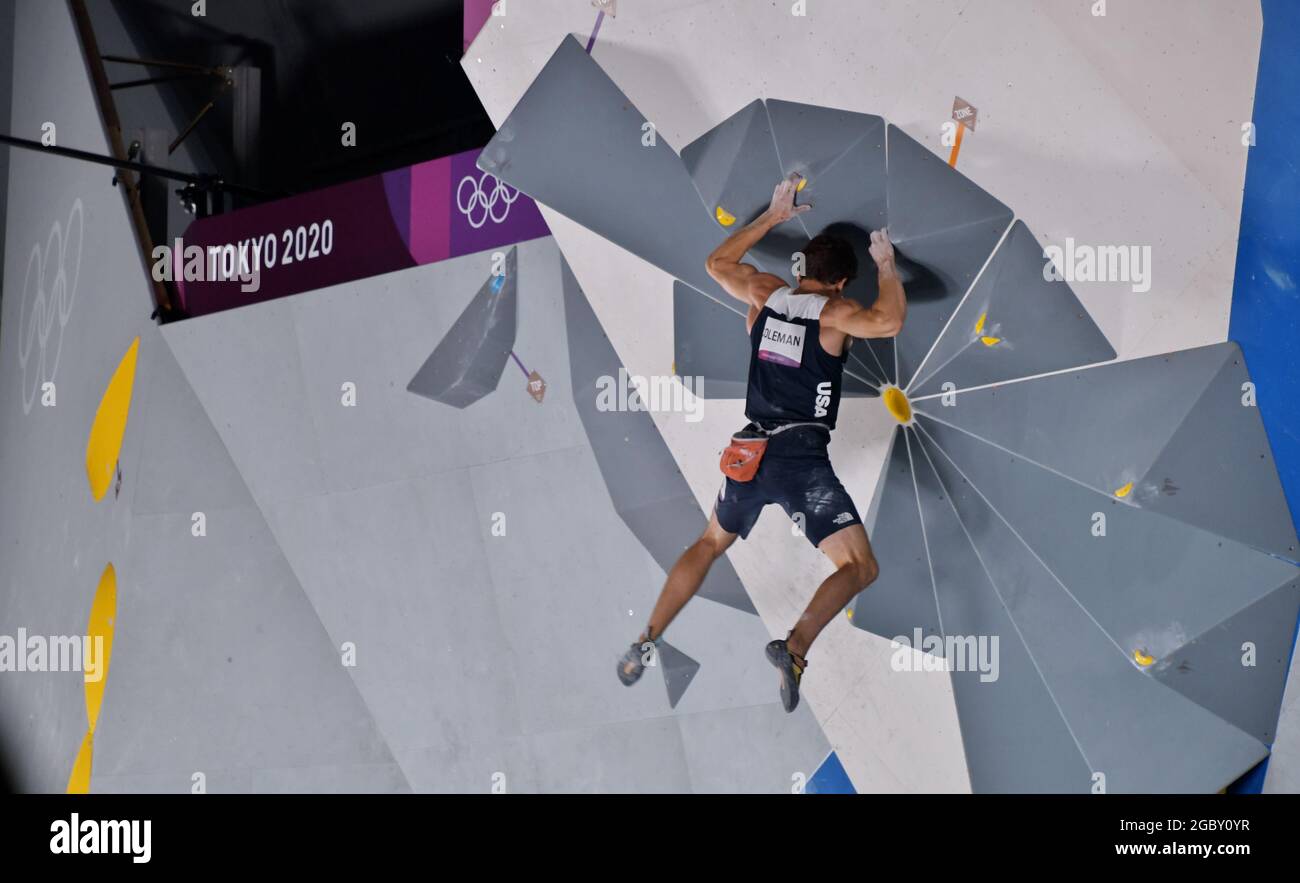Tokio, Japan. August 2021. Nathaniel Coleman aus den USA tritt am Donnerstag, den 5. August 2021, im Aomi Urban Sports Park in Tokio, Japan, beim Bouldering Final während der Olympischen Spiele in Tokio für den Männersport an. Foto von Keizo Mori/UPI Credit: UPI/Alamy Live News Stockfoto