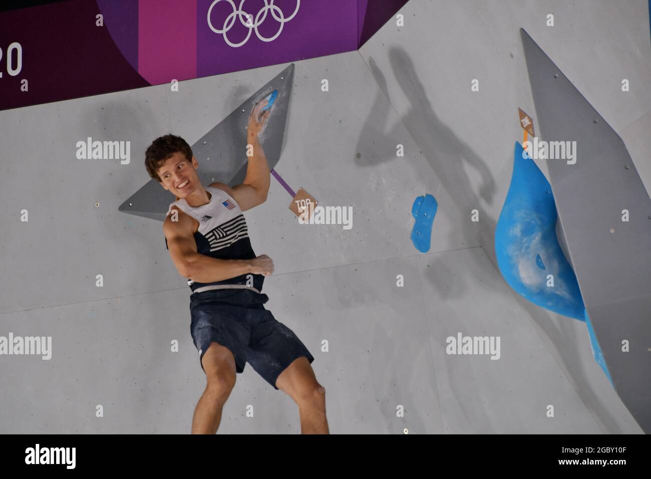 Tokio, Japan. August 2021. Nathaniel Coleman aus den USA tritt am Donnerstag, den 5. August 2021, im Aomi Urban Sports Park in Tokio, Japan, beim Bouldering Final während der Olympischen Spiele in Tokio für den Männersport an. Foto von Keizo Mori/UPI Credit: UPI/Alamy Live News Stockfoto