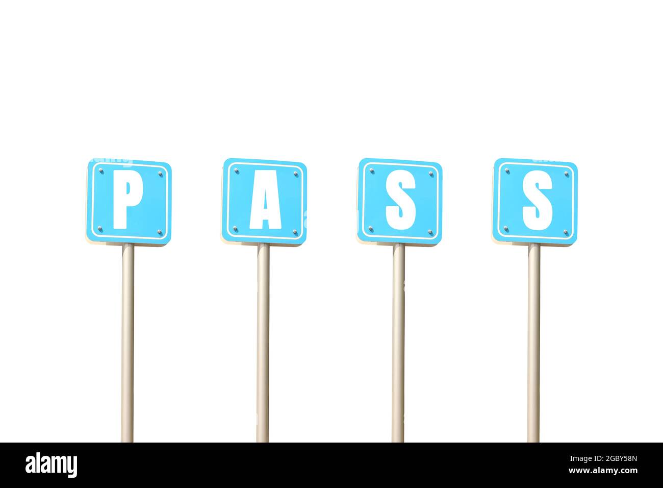 Blaues Schild mit dem Buchstaben DES PASSES isoliert auf weißem Hintergrund für die Gestaltung in Ihrer Arbeit. Stockfoto