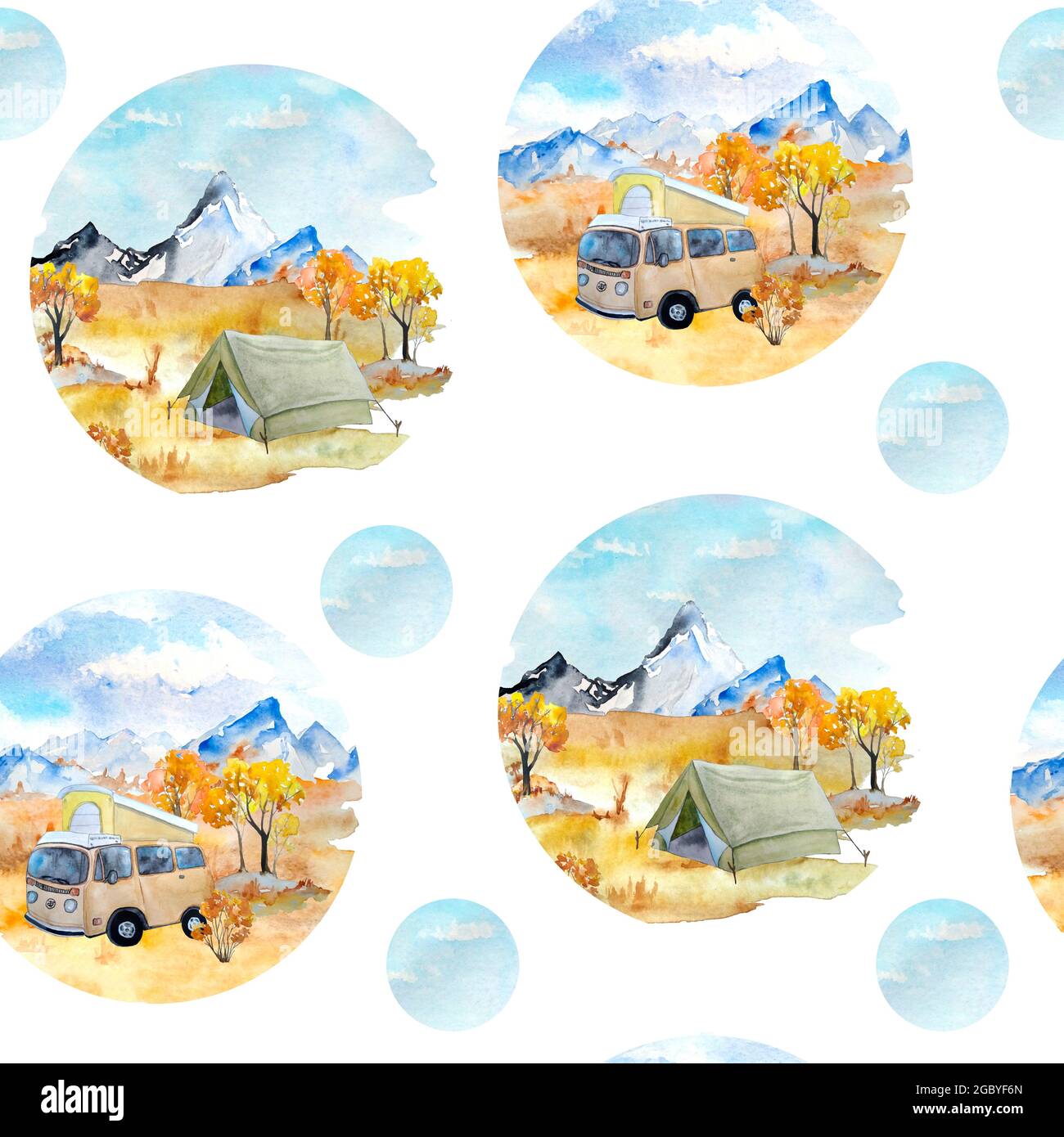 Aquarell von Hand gezeichnet nahtlose Muster mit Herbst Herbst Landschaft mit Bergen Himmel orange Gras Büsche und Anhänger Wohnmobil, Touristenzelt. Tourismus Outdoor-Camping-Aktivitäten. Wilder Wald Natur september oktober Stockfoto