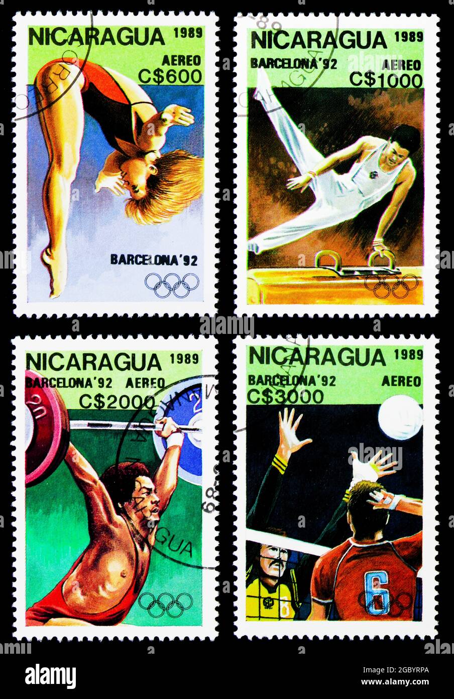 MOSKAU, RUSSLAND - 26. NOVEMBER 2017: Vier Briefmarken gedruckt in Nicaragua von den Olympischen Spielen 1992 - Serie Barcelona, um 1989 Stockfoto