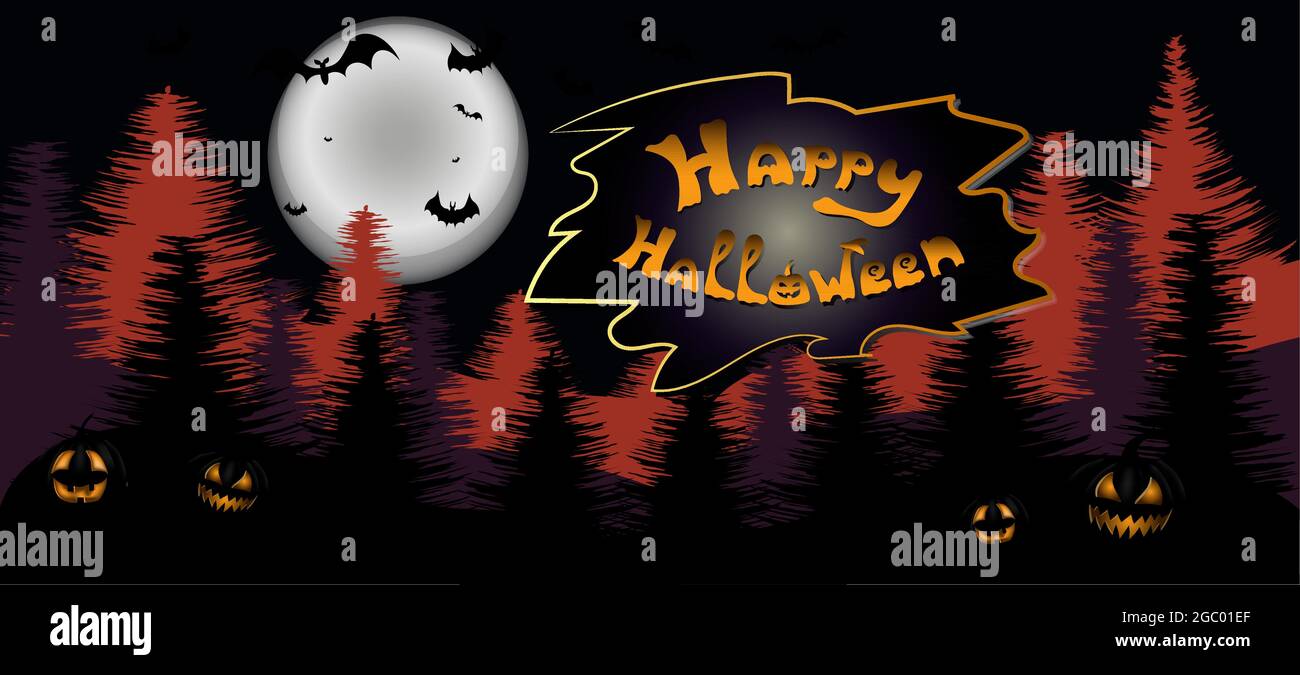 Fröhliches Halloween-Banner oder Party-Einladung. Hintergrund mit Nachtwald und Vollmond. Vektorgrafik Stock Vektor