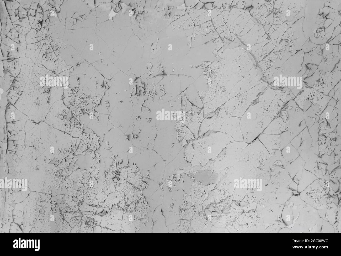 Weiße Farbe löst sich von der Wand ab. Alte Beschichtung, verrottet. Stockfoto