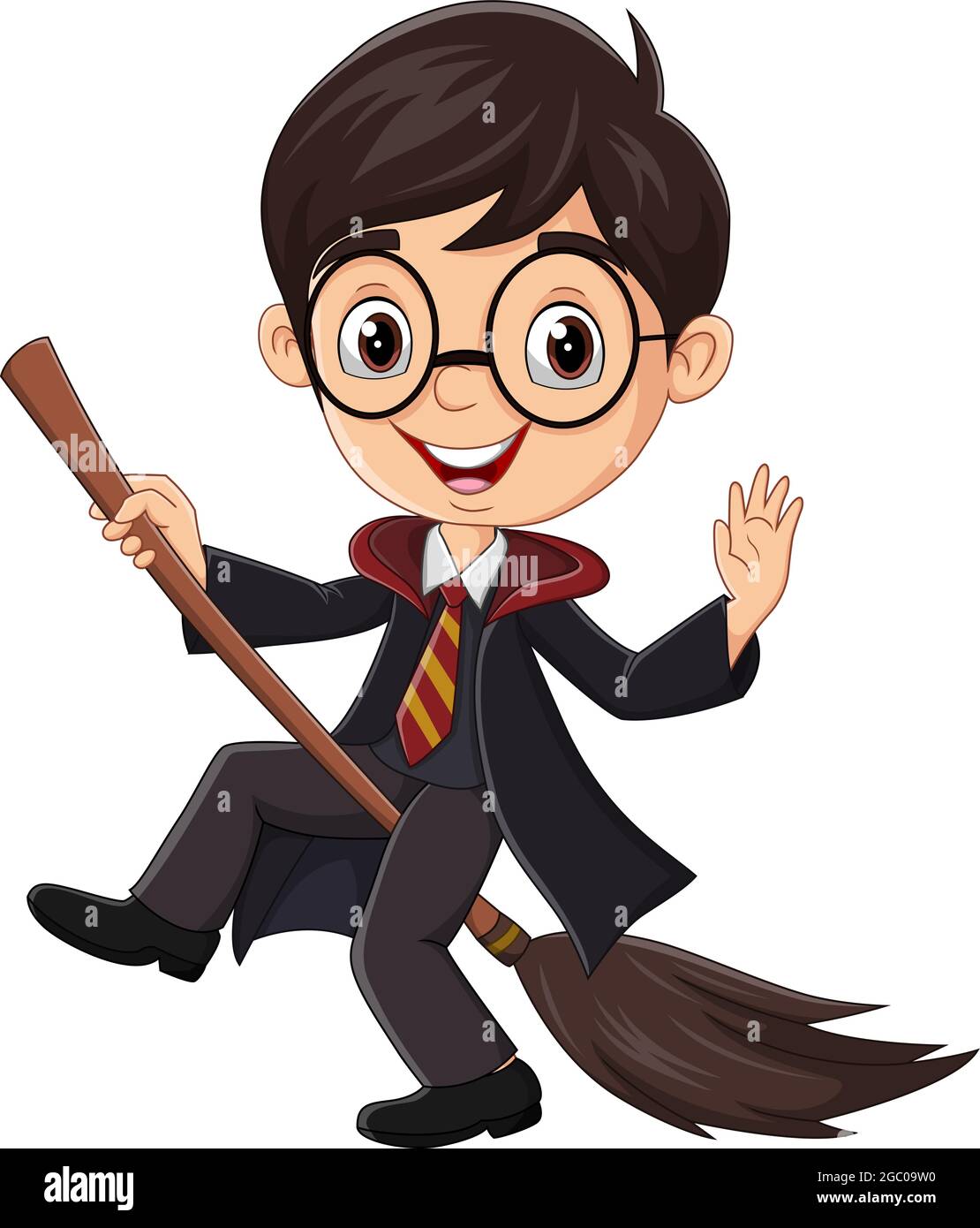 Cartoon Zauberer Junge mit einem magischen Broomstick Stock Vektor