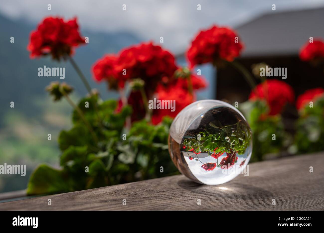 Glaskugel auf einem Holzbalkon, rote Blumen, Berge Stockfotografie - Alamy