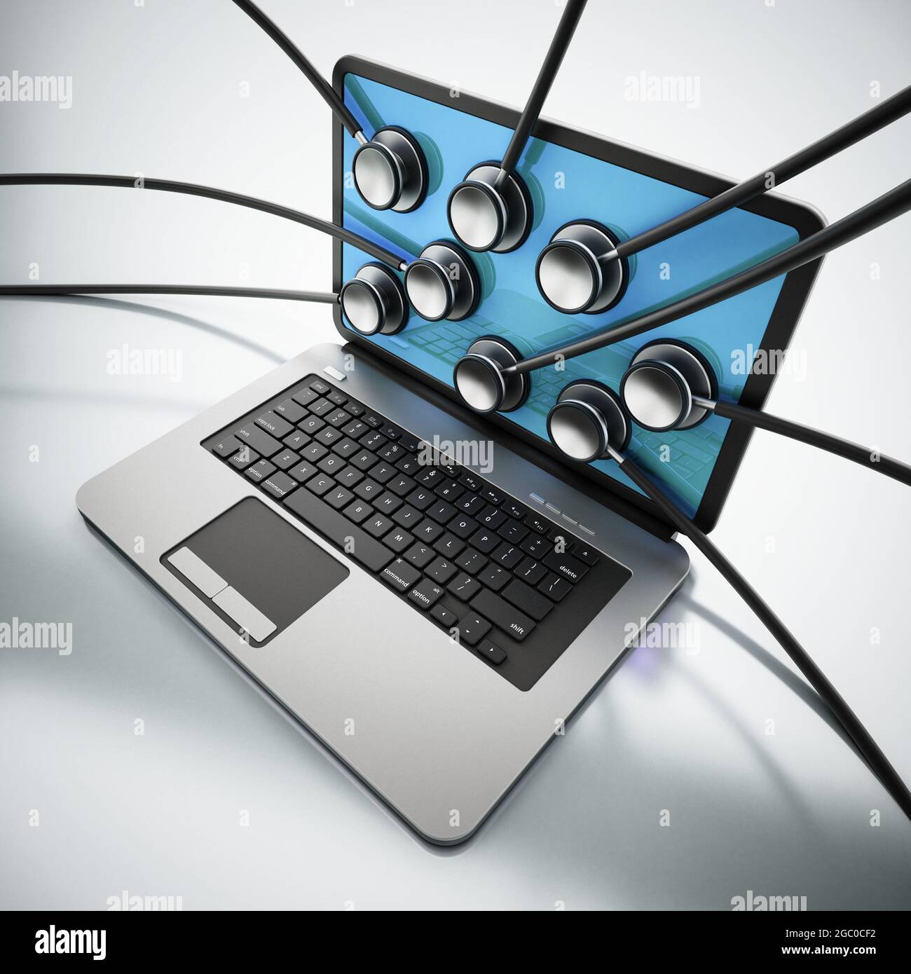 Stethoskope auf dem Bildschirm des Laptop-Computers. 3D-Illustration. Stockfoto