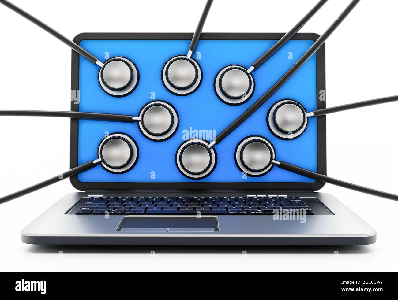 Stethoskope auf dem Bildschirm des Laptop-Computers. 3D-Illustration. Stockfoto