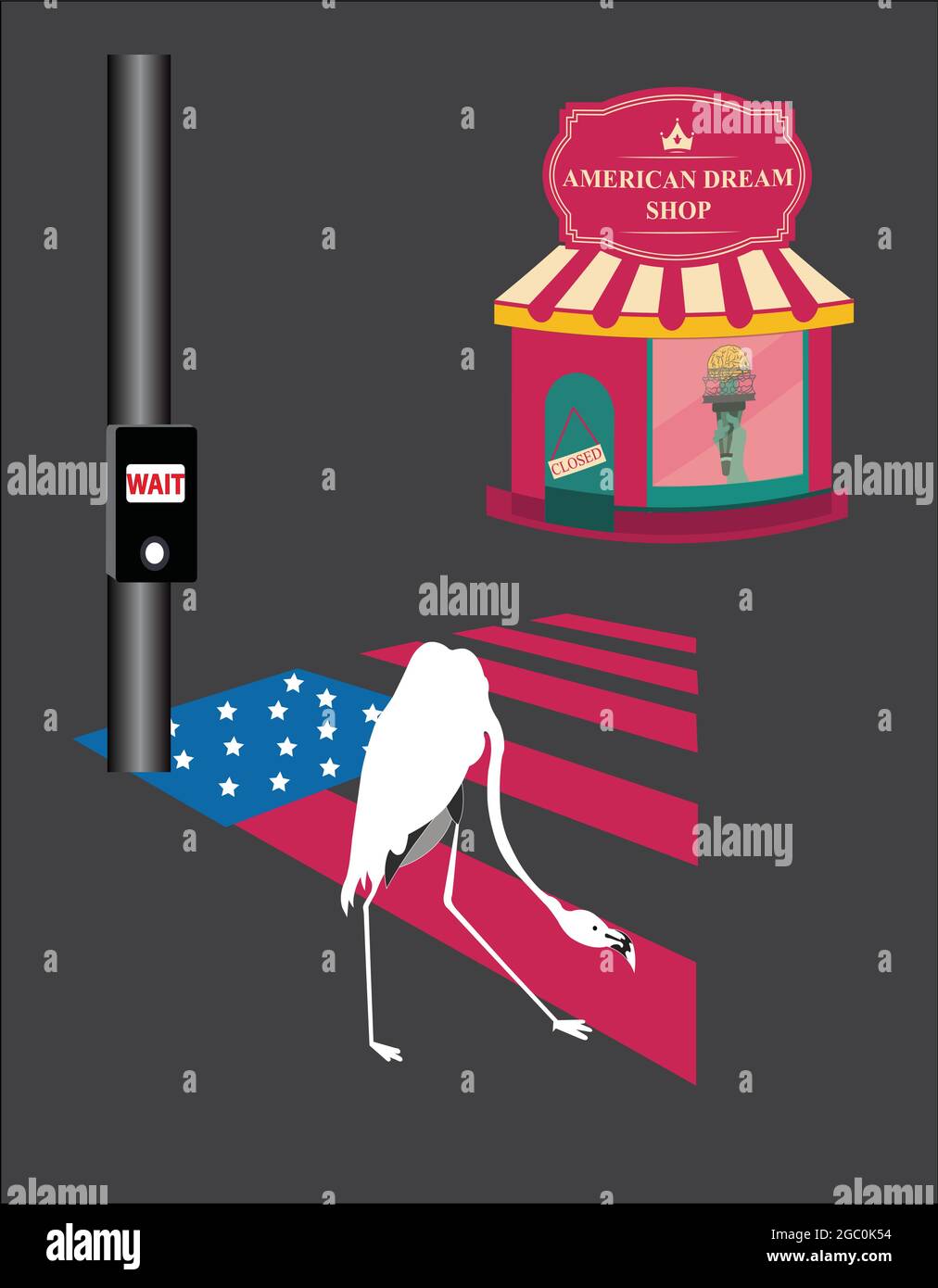 Illustration eines Krans, der versucht, die Straße zu überqueren, um zu einem amerikanischen Traumladen zu gelangen und warten zu müssen Stock Vektor