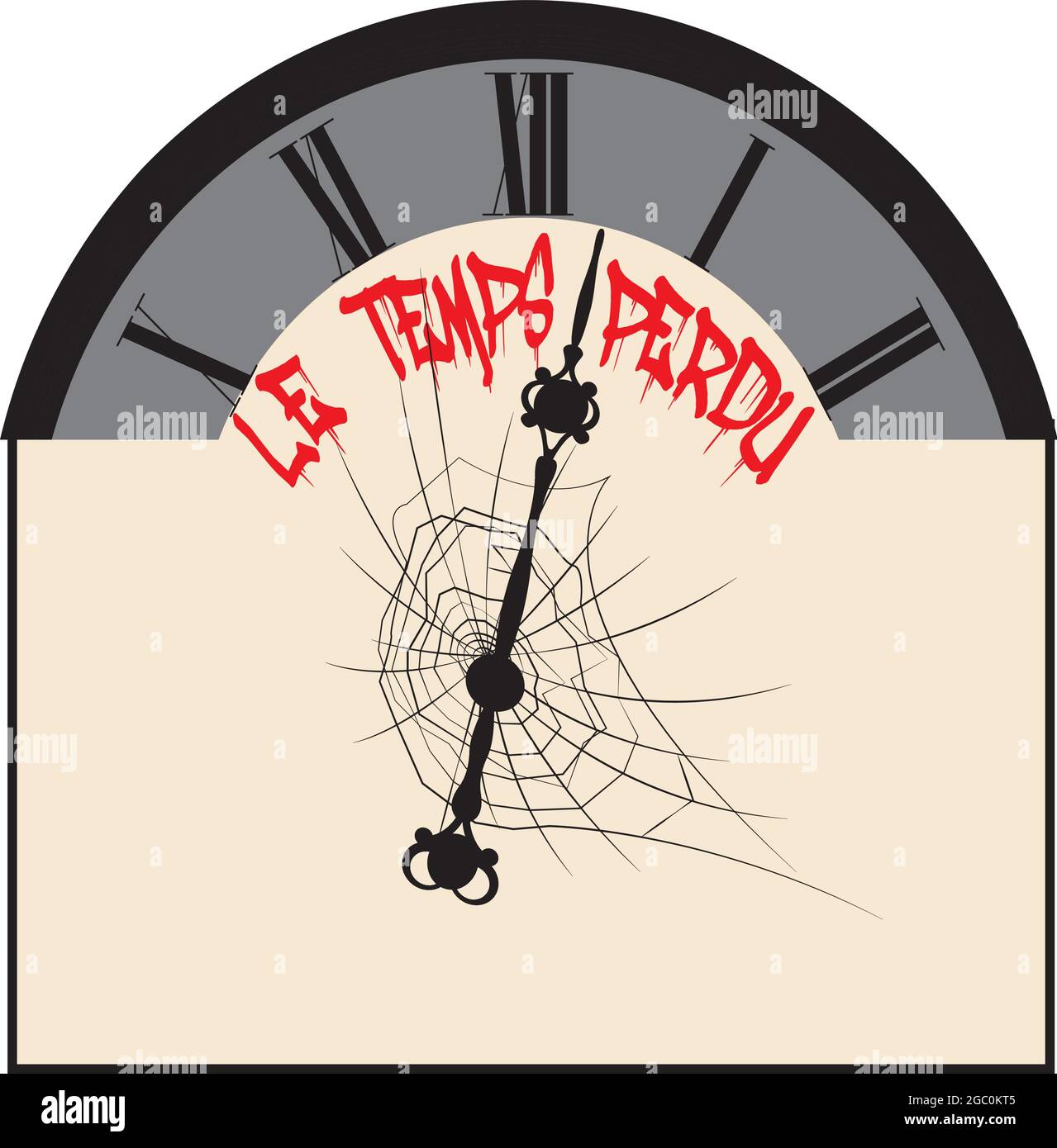 Illustration einer Uhr, die von Spiderweb bedeckt ist, um die Idee zu vermitteln, dass Zeit verloren geht und nicht wiederhergestellt werden kann Stock Vektor