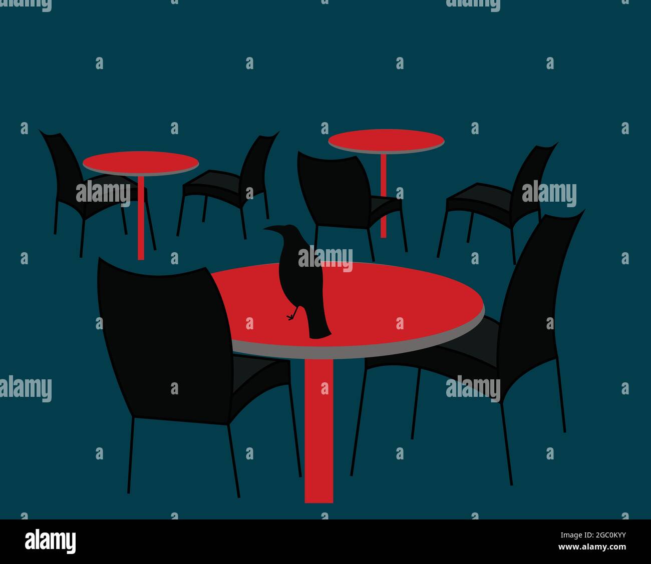 Illustration eines Restaurants, in dem keine Menschen sitzen und nur eine Krake auf einem Tisch sitzt, um die Distanz während des Coronavirus zu halten Stock Vektor