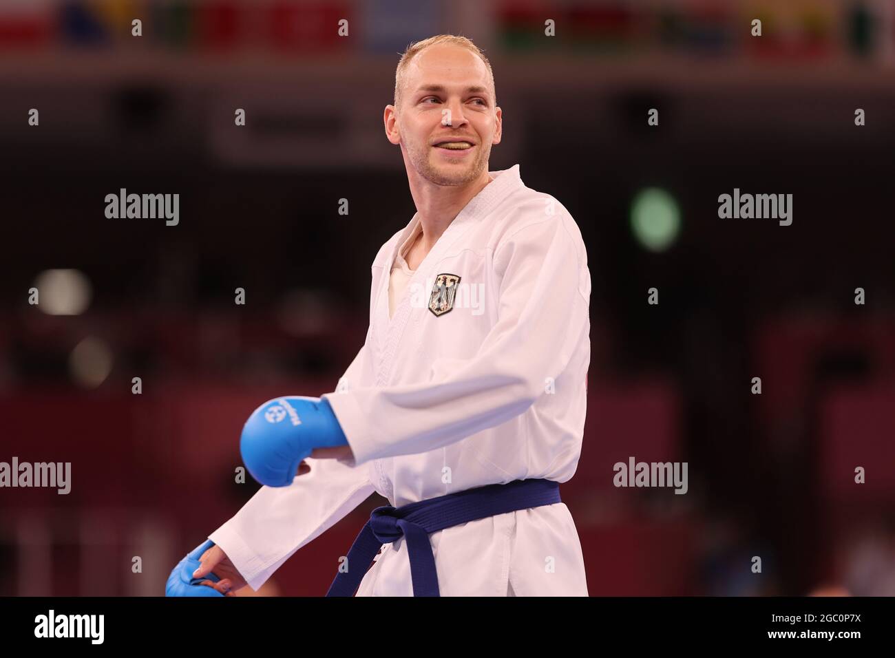 Tokio, Japan. August 2021. Karate: Olympia, Männer, Endrunde beim Nippon Budokan. Noah Bitsch aus Deutschland. Quelle: Jan Woitas/dpa/Alamy Live News Stockfoto
