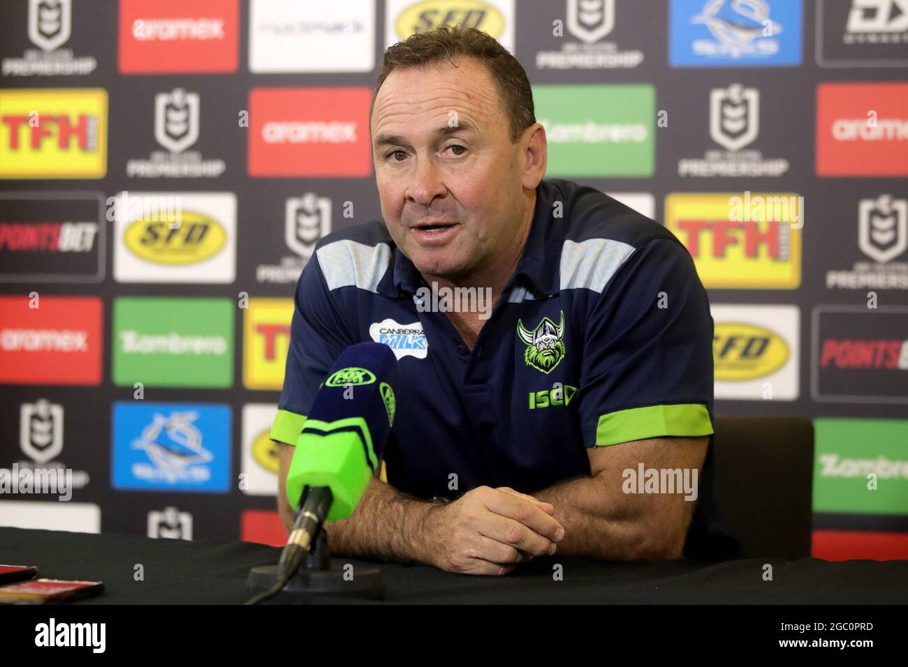 SYDNEY, AUSTRALIEN - 21. MÄRZ: Ricky Stuart Raiders Coach interviewte nach dem zweiten NRL-Spiel der Cronulla Sharks und Canberra Raiders im Netstrata Jubilee Stadium am 21. März 2021 in Sydney, Australien. Quelle: Pete Dovgan/Speed Media/Alamy Live News Stockfoto