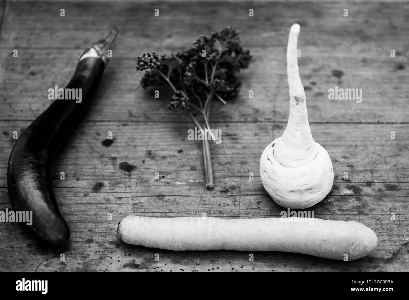 Draufsicht Graustufen eines stehenden Pastinaken, einer Ding Aubergine, einer Karotte und Pflanze auf einem Holztisch Stockfoto