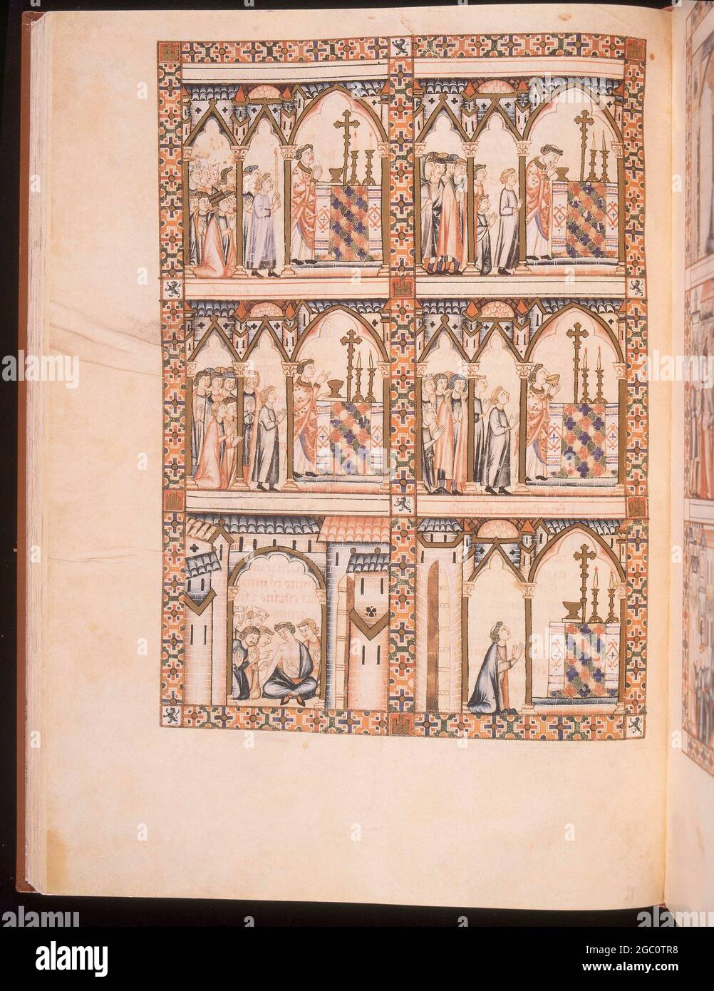 CANTIGA STA MARIA Nº225-F86V-CLERIGO SE TRAGA UNA ARAÑA Y LE SALE LUEGO VIVA POR LA MANO-S XIII -. Autor: Alfonso X aus Kastilien. ORT: BIBLIOTECA NACIONAL COLECCIÓN. Florenz. ITALIEN. Stockfoto
