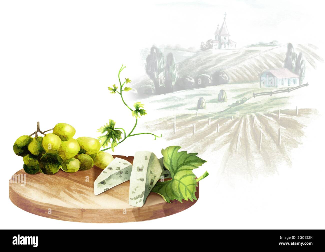 Hintergrund für Ihre Produkte mit einem Tisch, Trauben und Landschaft Stockfoto
