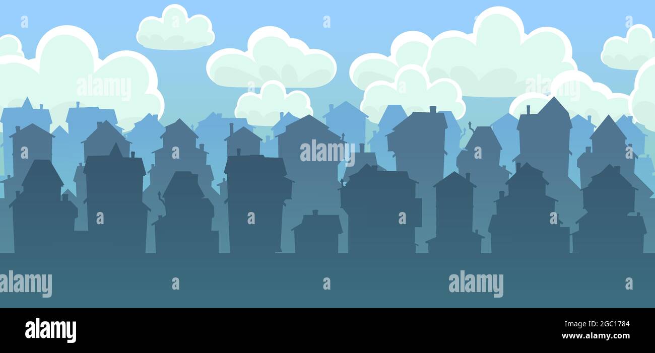 Stadt. Silhouette von Cartoon-Häusern des Dorfes oder der Stadt. Nahtlose Straße. Himmel mit Wolken. Schöne gemütliche private Residenz in traditionellem Stil. Schön Stock Vektor